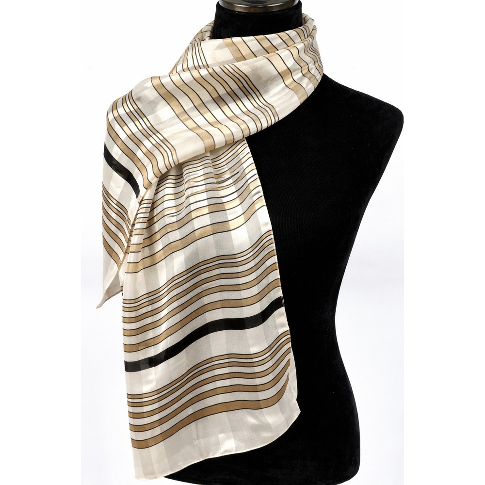DKNY Womens Cream Tone On Tone Stripe Geometric Rectangular Silk Scarf Italy‎